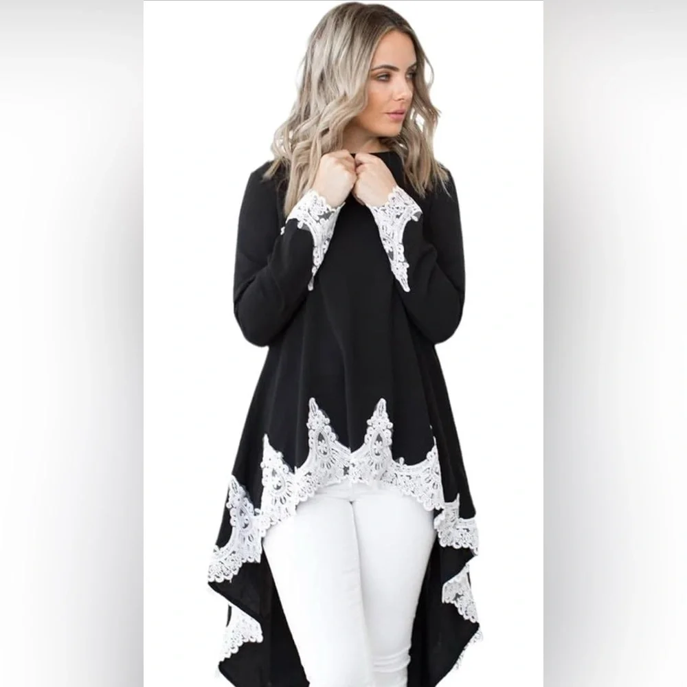 Elegant Black and White Lace Trim Women's Top - Picture 1 of 4